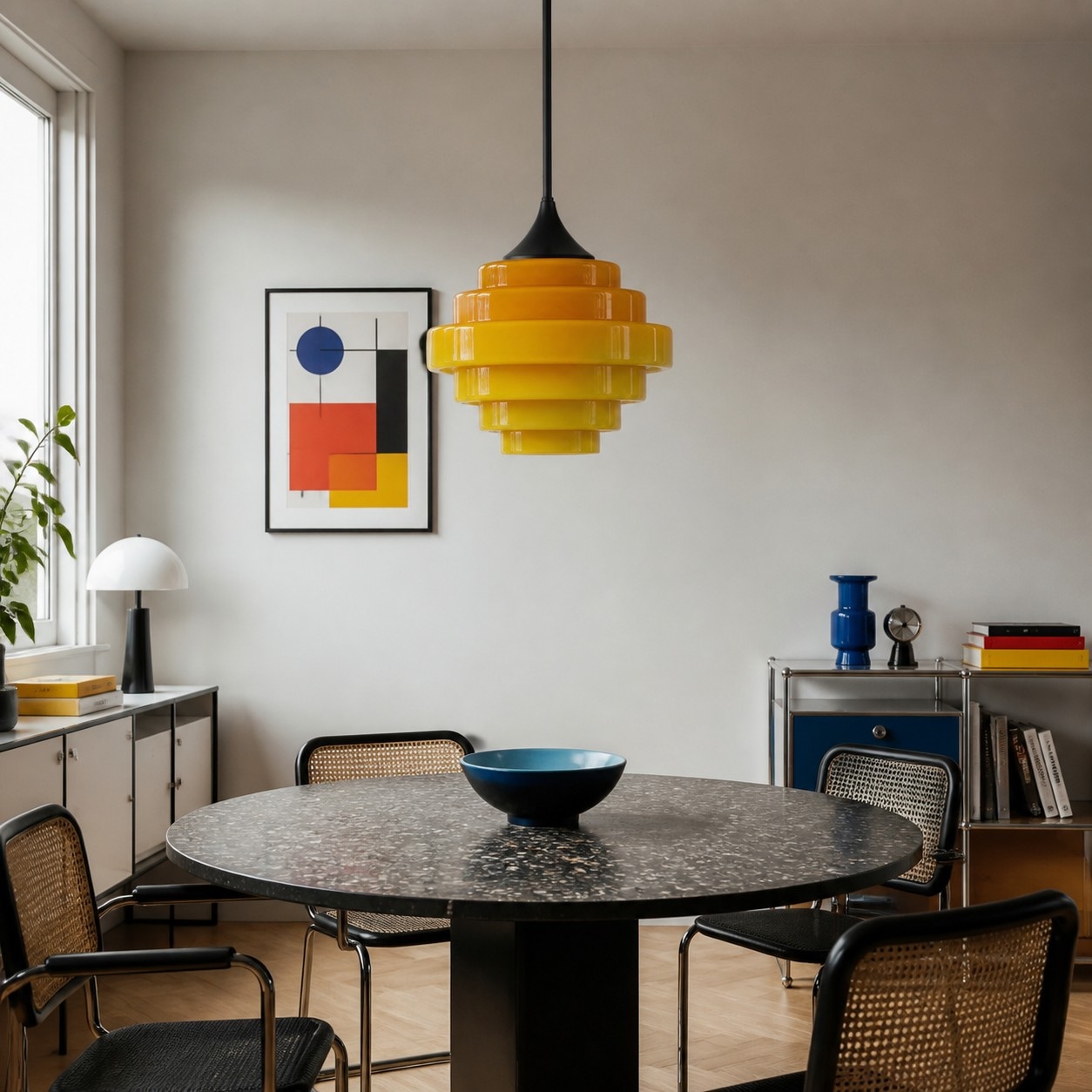 Gul Sanenos glaspendellampa ovanför ett matbord
