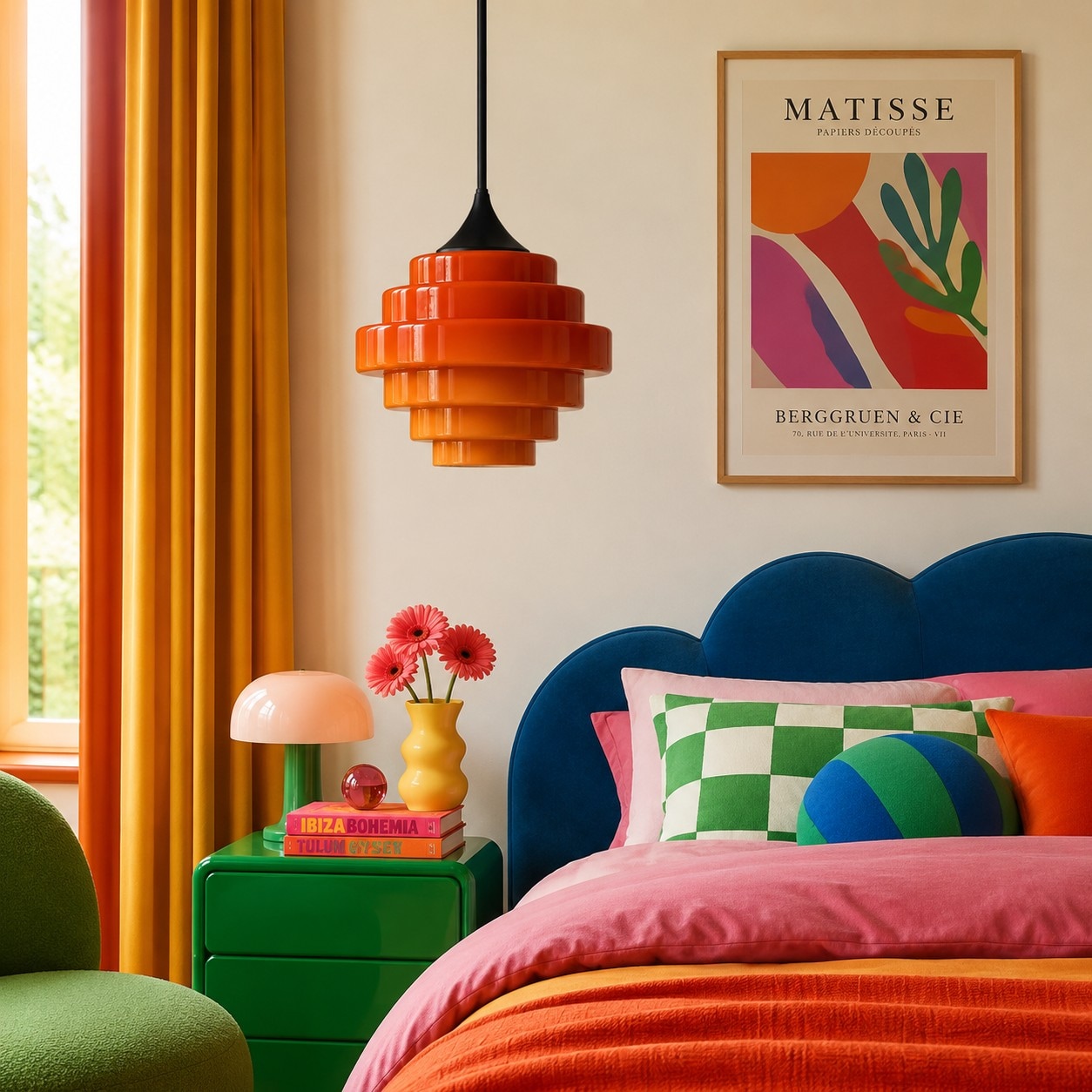 Orange Sanenos glaspendellampa i ett retro sovrum
