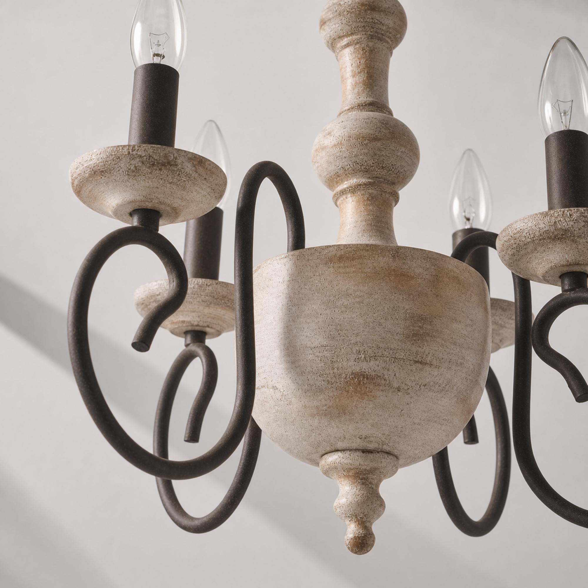 distressed white and dark metal chandelier body detail