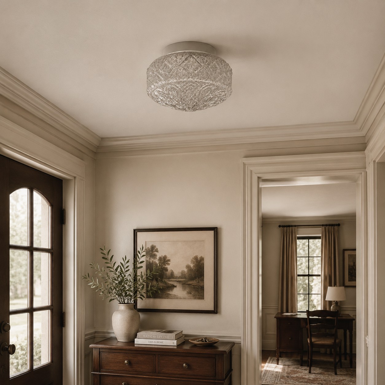 Textured glass ceiling light in a corridor scene