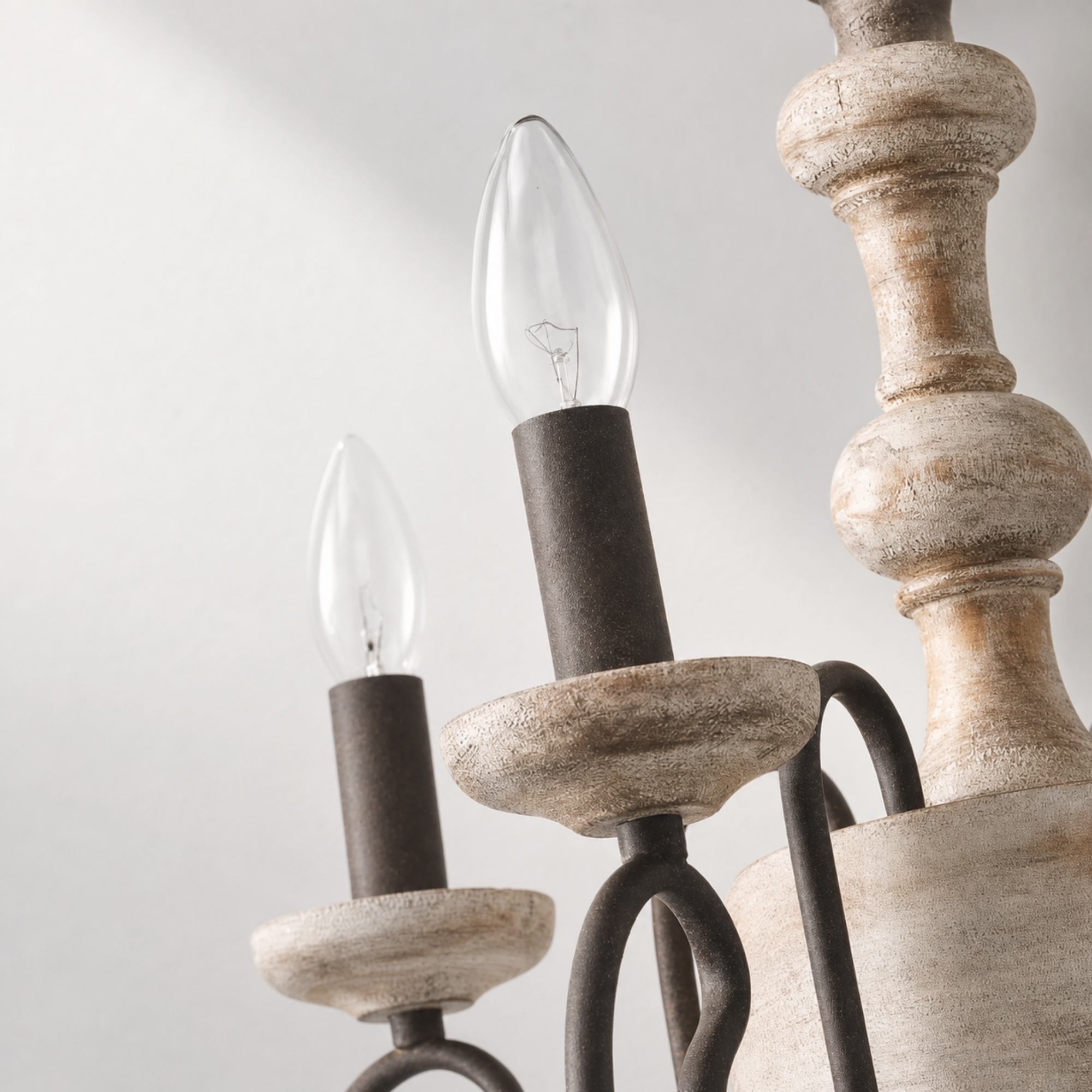 close detail of distressed wood-look body and candle socket