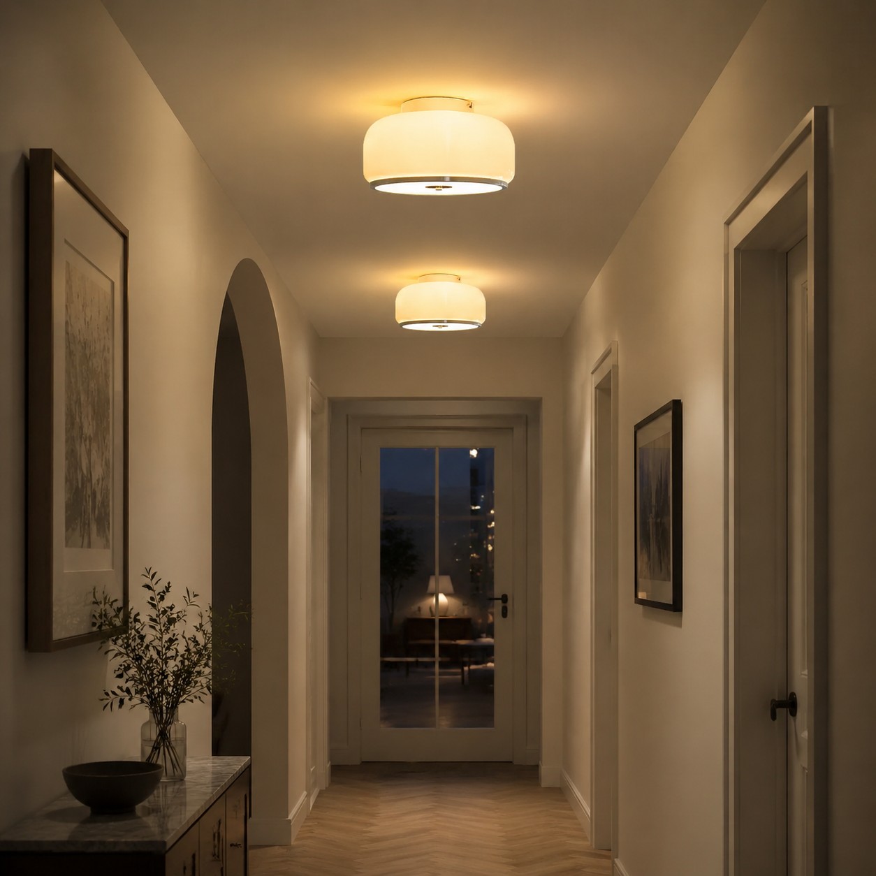Illuminated amber glass ceiling light in an arched hallway