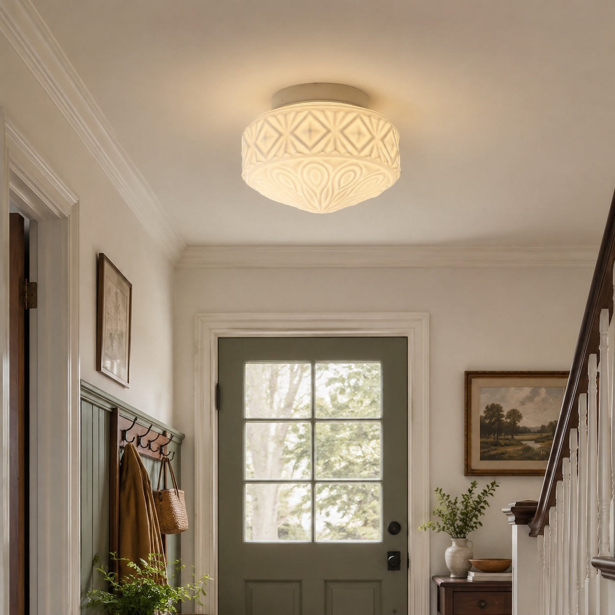 Warm glass flush mount ceiling light in an entryway