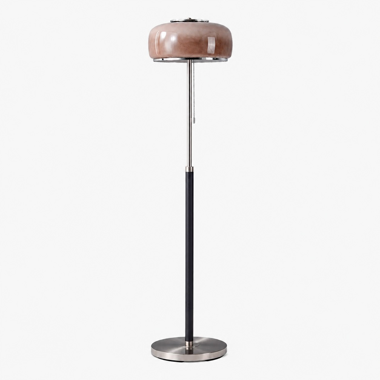 Smoky taupe Bauhaus glass floor lamp with chrome and black base shown unlit