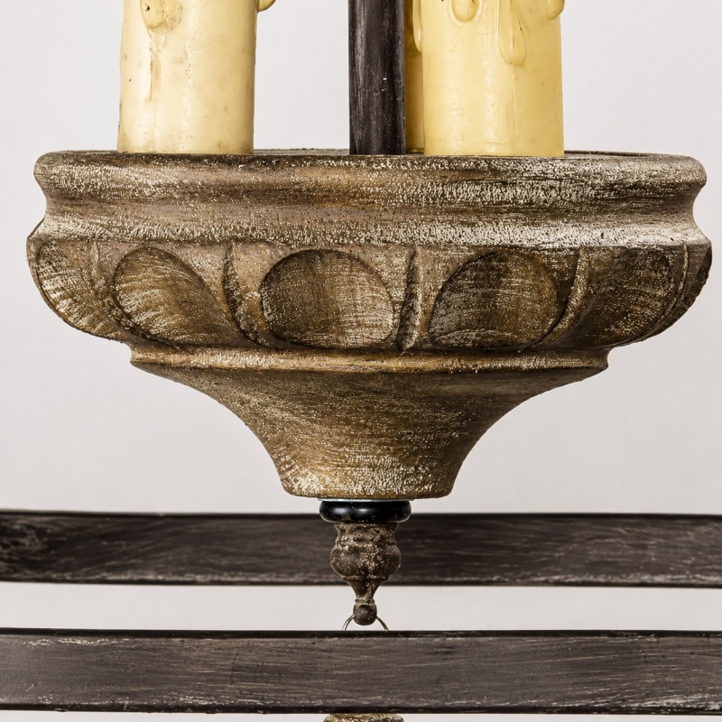 Carved wood-look center tray detail on rustic birdcage pendant lamp