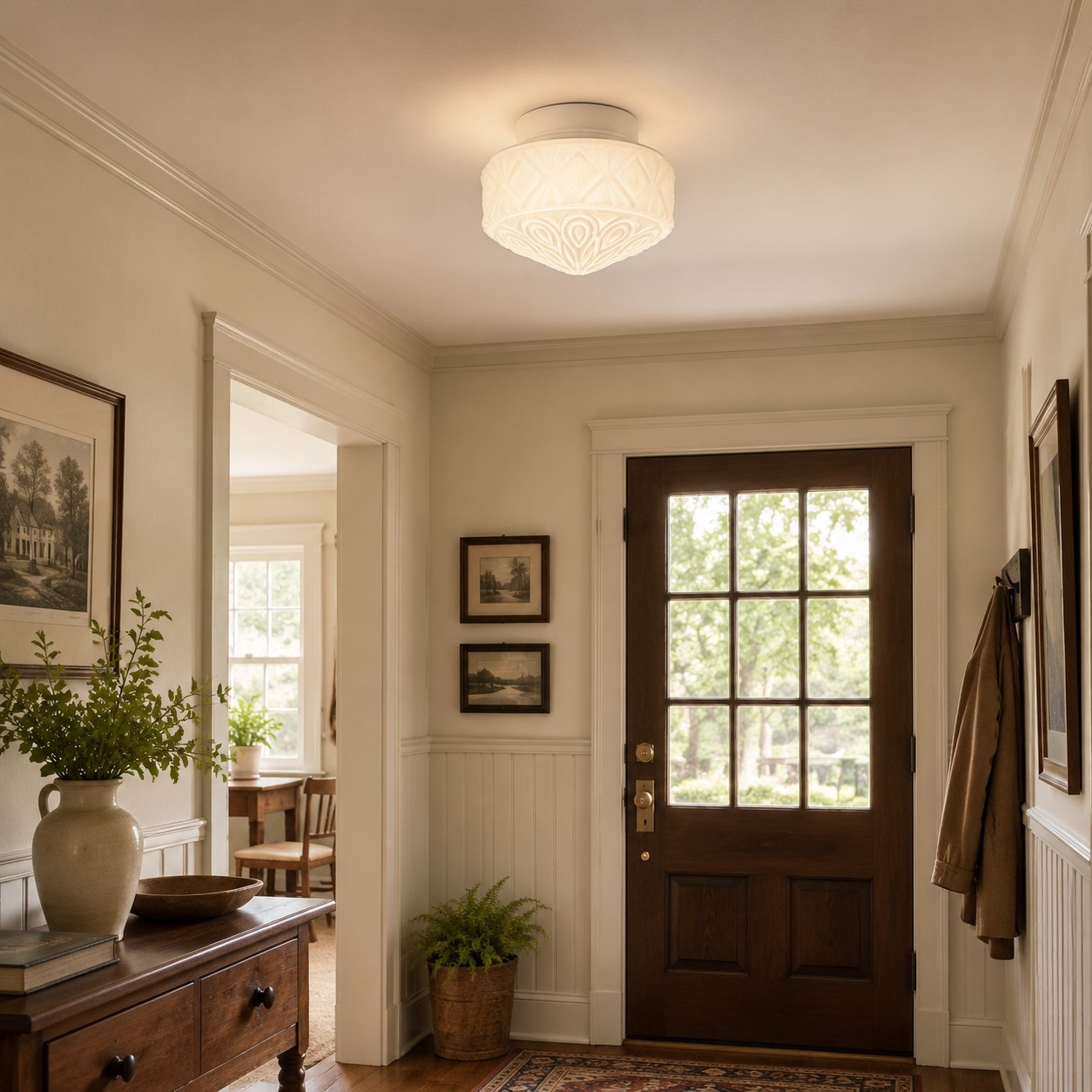 Embossed glass ceiling light in an entryway scene