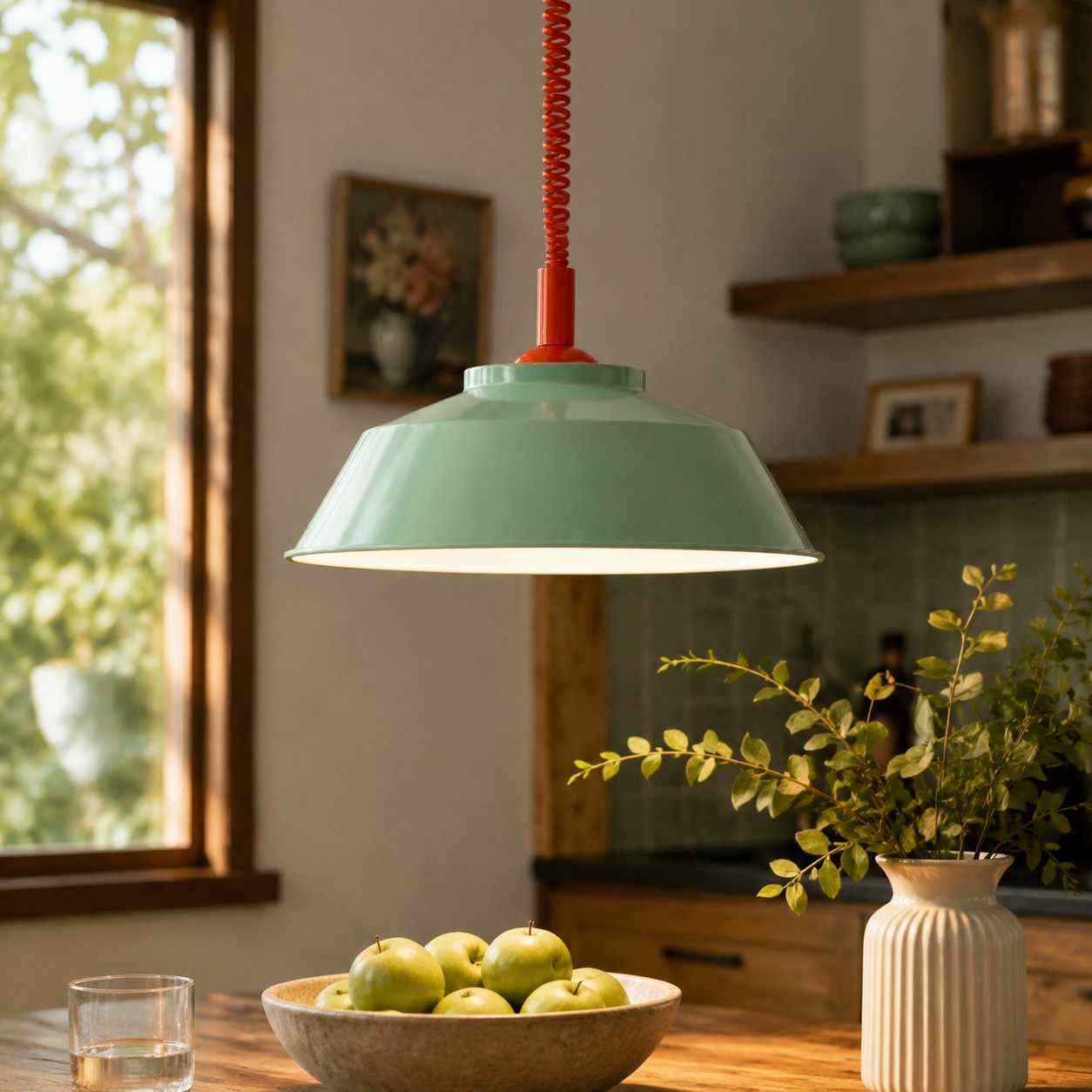 Memphis pull-down pendant in a dining space