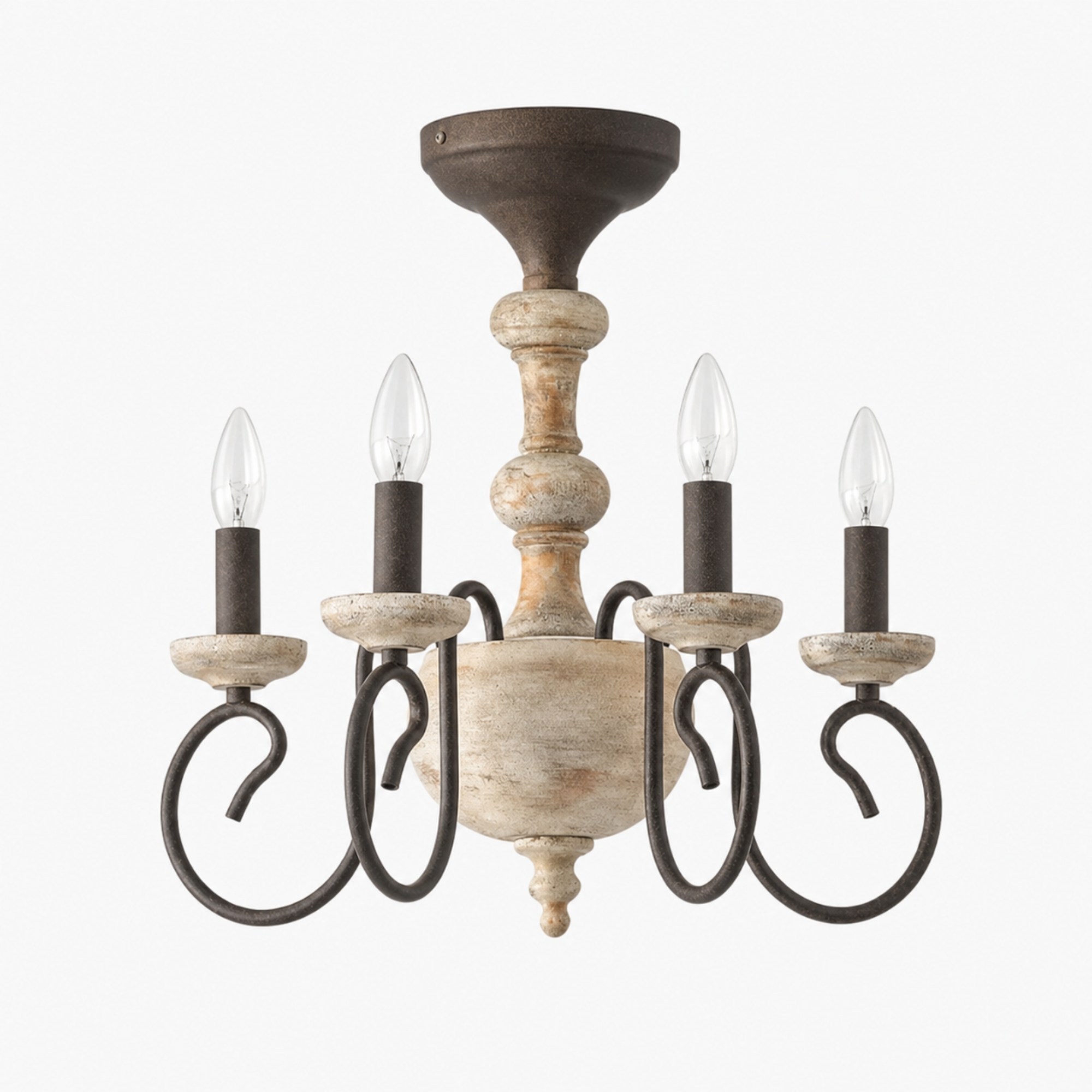 front view of rustic four light semi flush chandelier