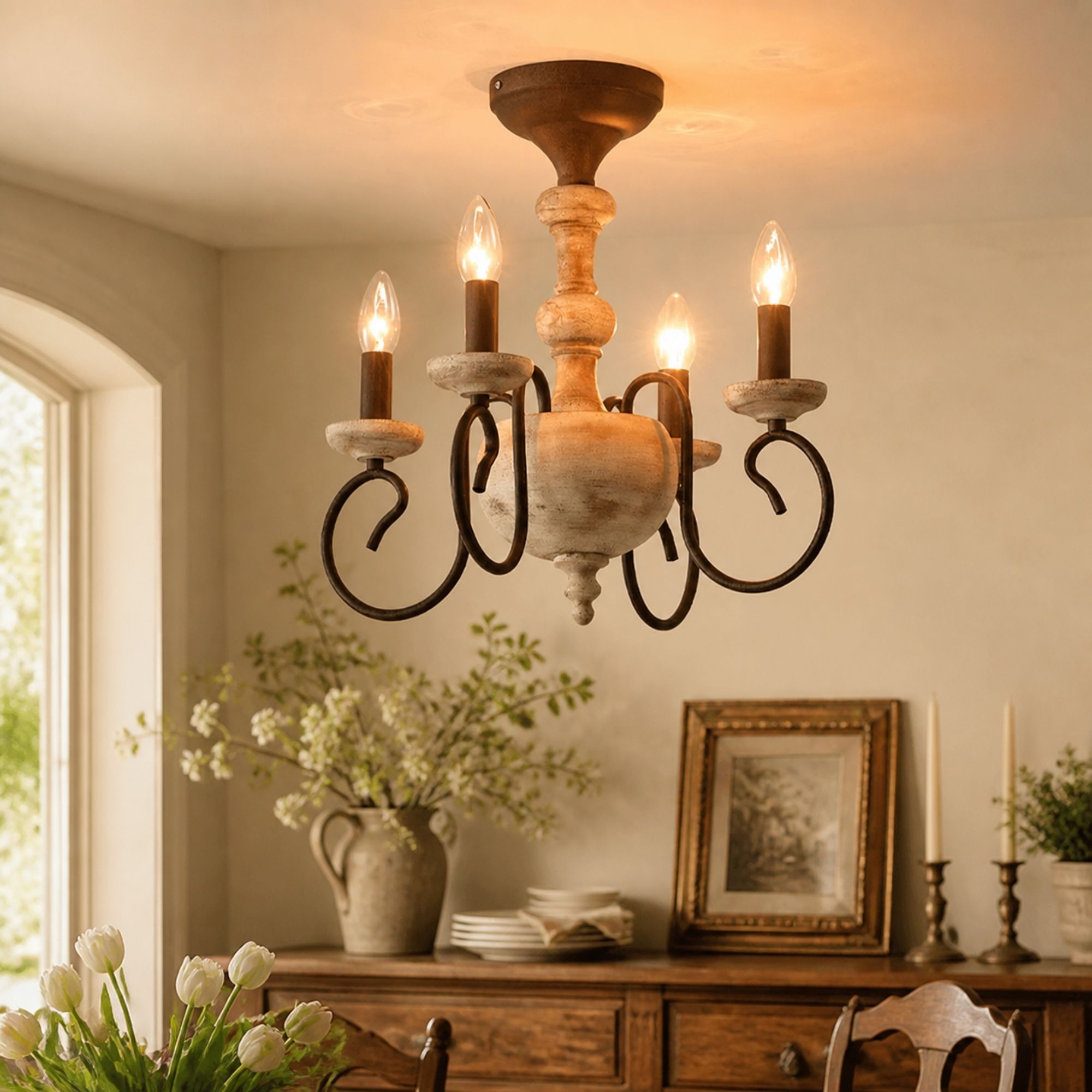 warm ambient room scene with rustic chandelier