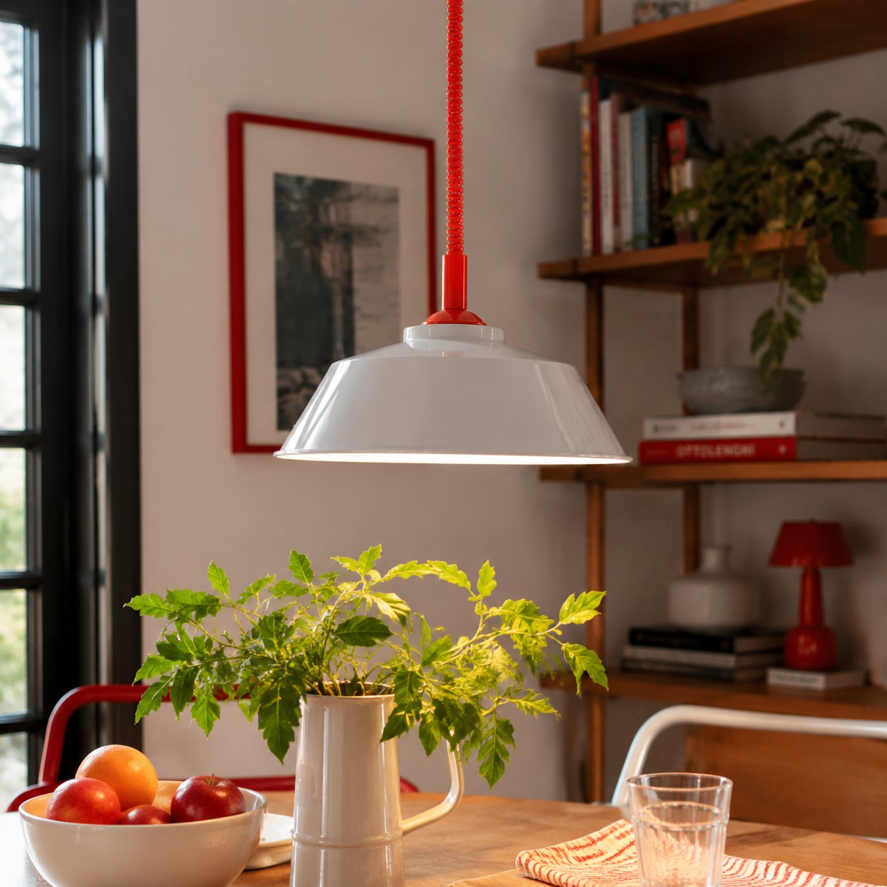 Memphis pull-down pendant in a dining space