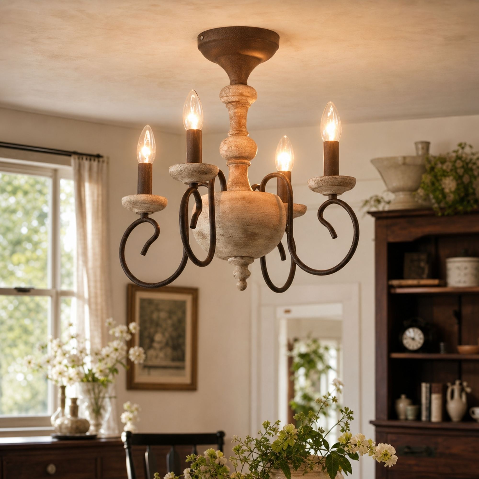 warm lit dining room scene with four light chandelier