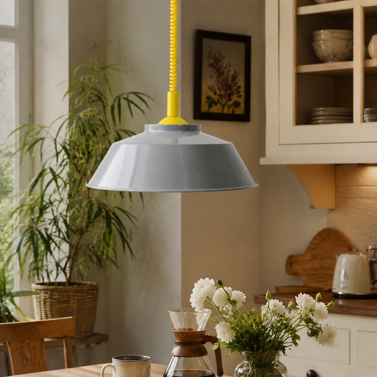 Memphis pull-down pendant in a dining space