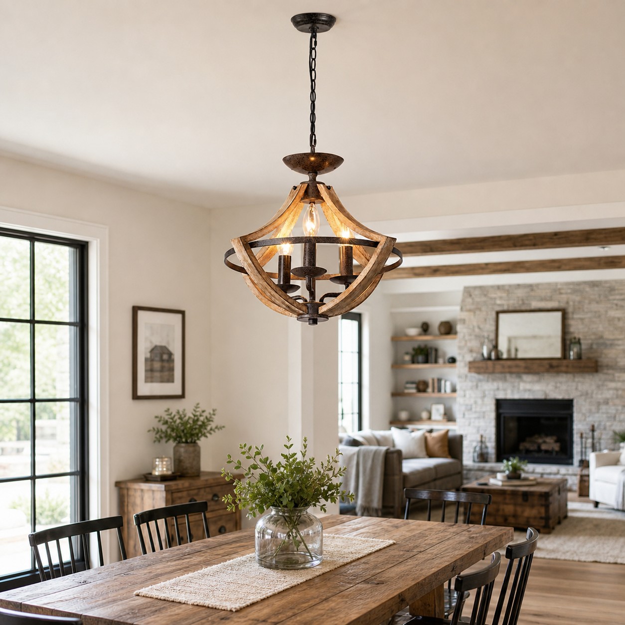 Rustic 3-light pendant chandelier in a farmhouse interior