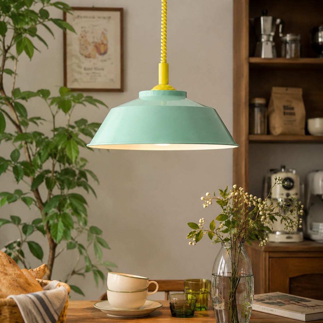 Memphis pull-down pendant in a dining space