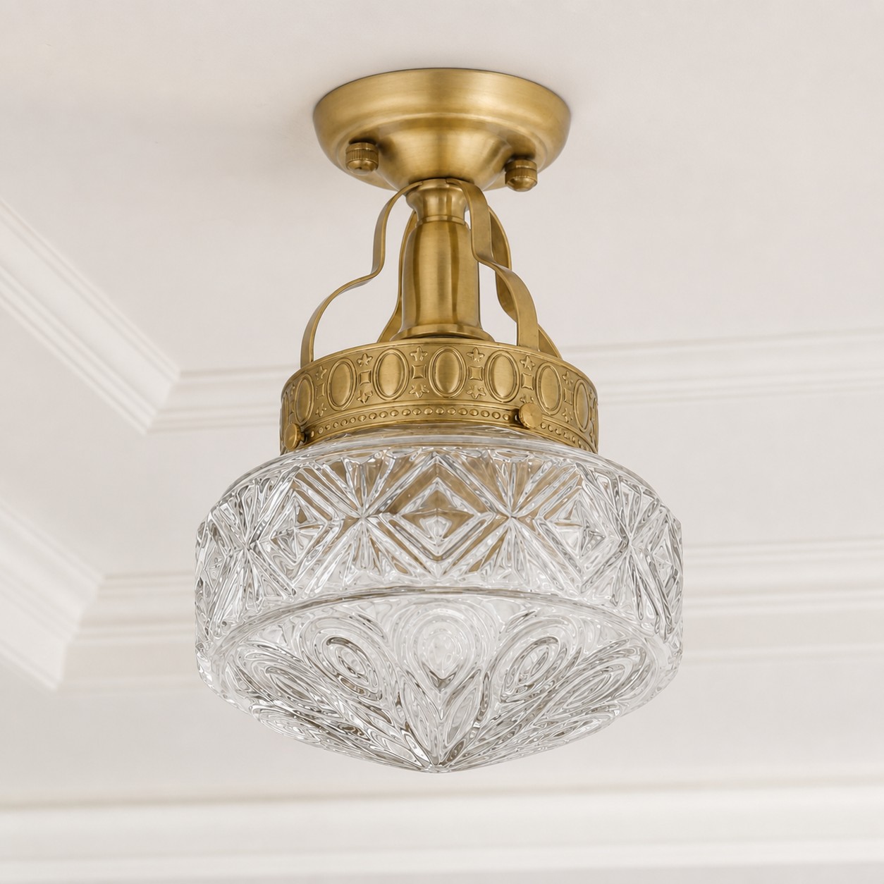 Clear Glass embossed Art Deco ceiling light in a bright classic interior