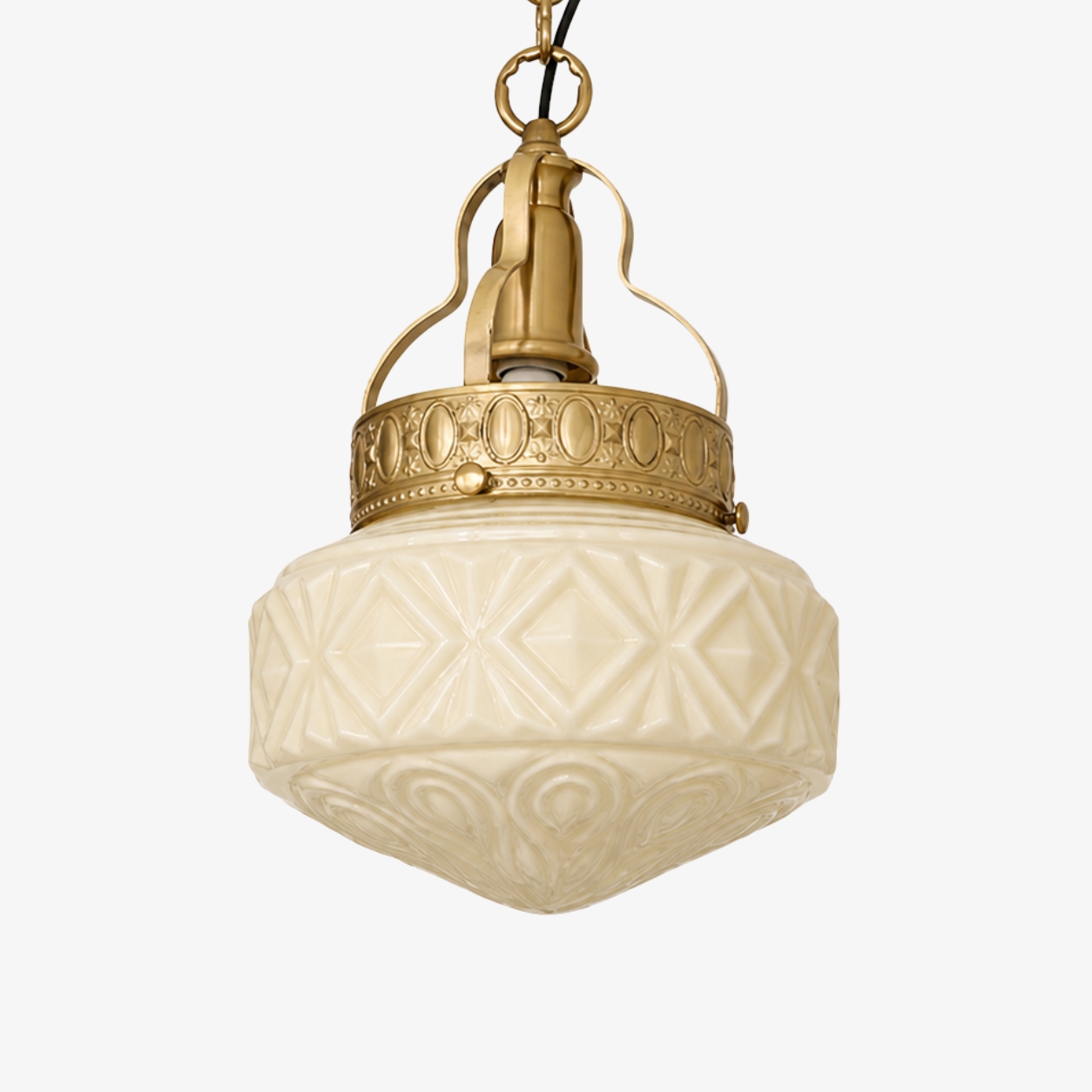 Beige embossed glass pendant light with brass hardware