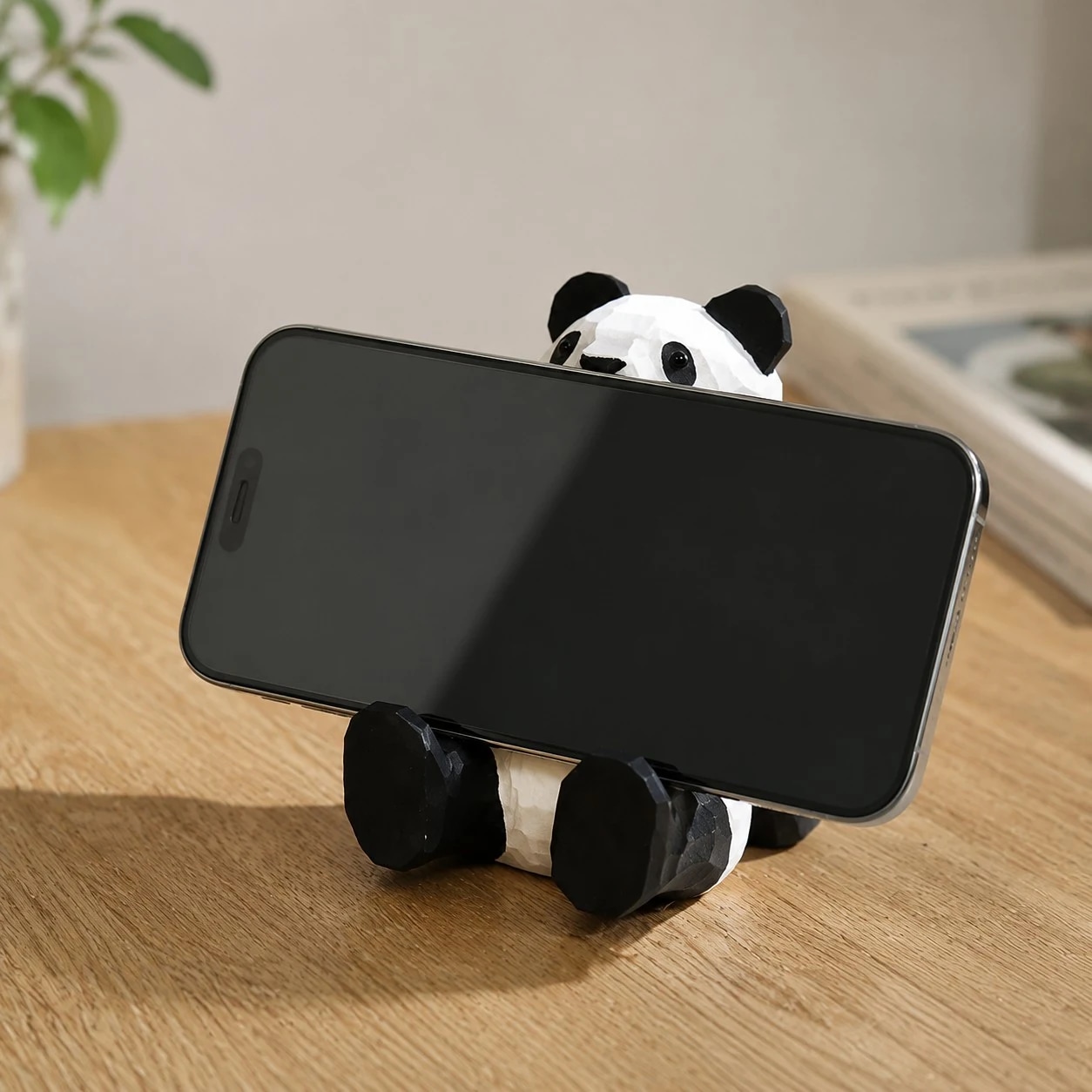 Wooden animal phone stand scene view