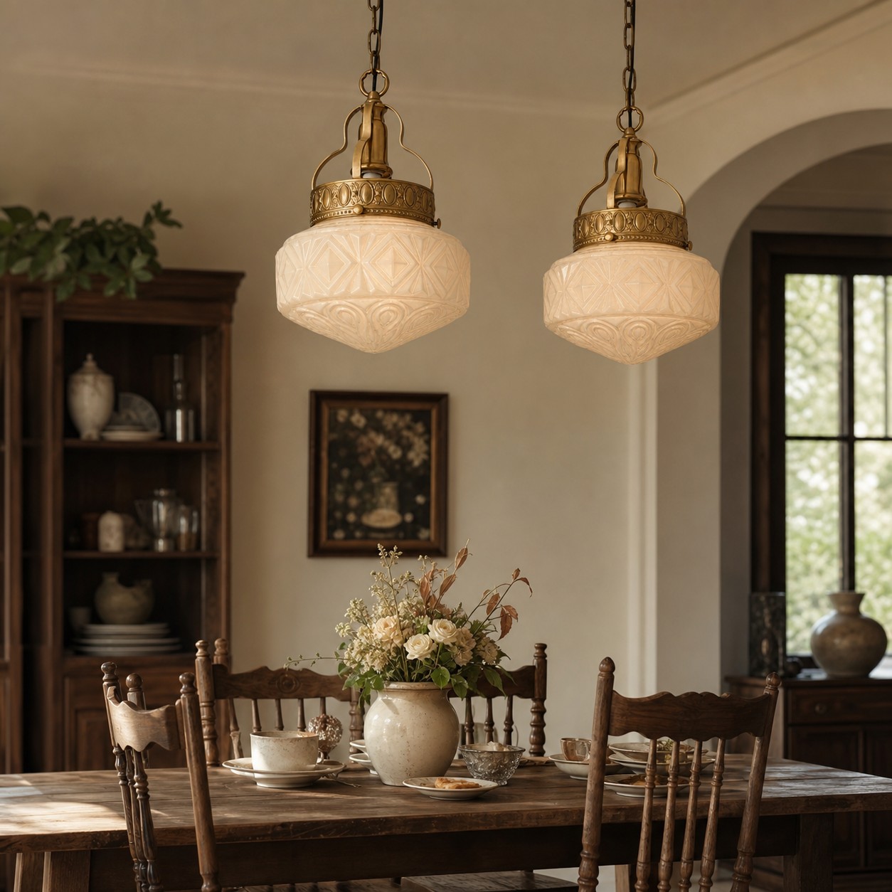 Pair of embossed glass pendant lights above a dining table