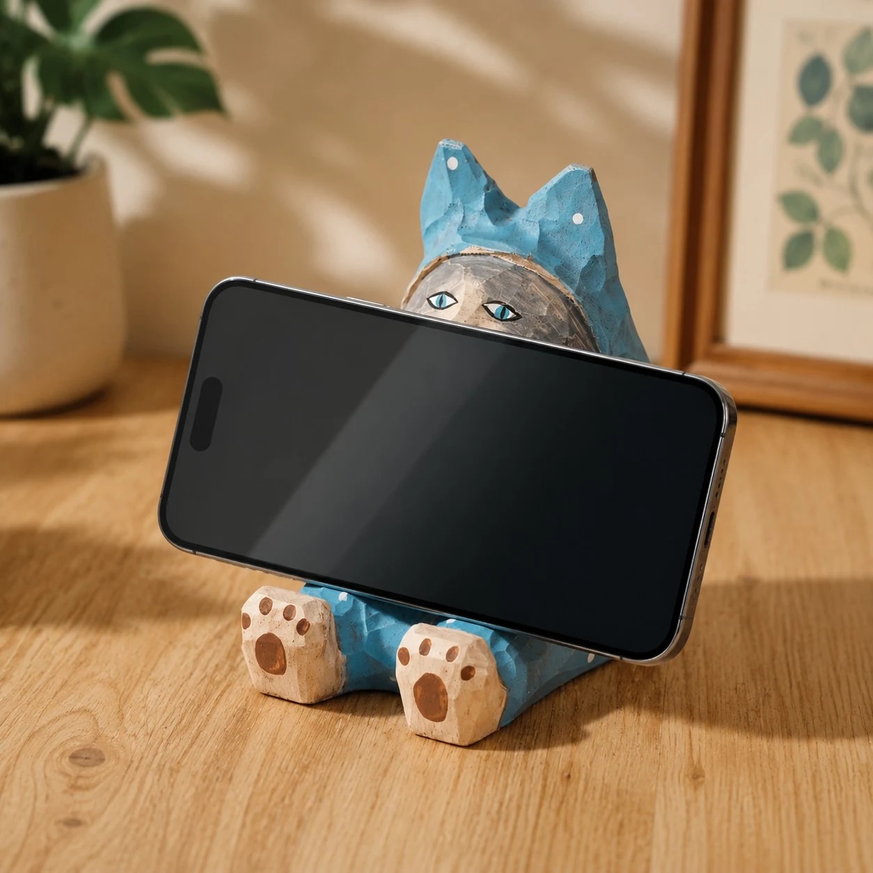 Wooden animal phone stand scene view