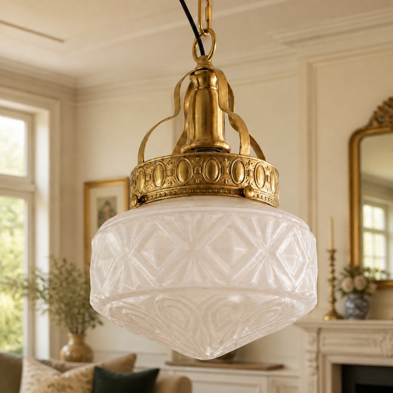 Cream white glass pendant light in a bright living room