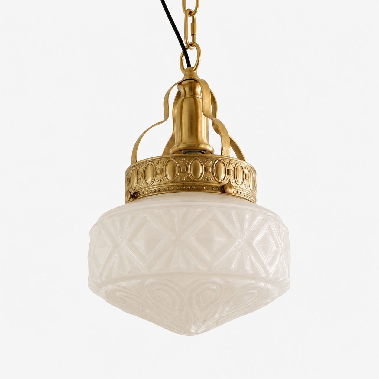 Cream white embossed glass pendant light with brass hardware