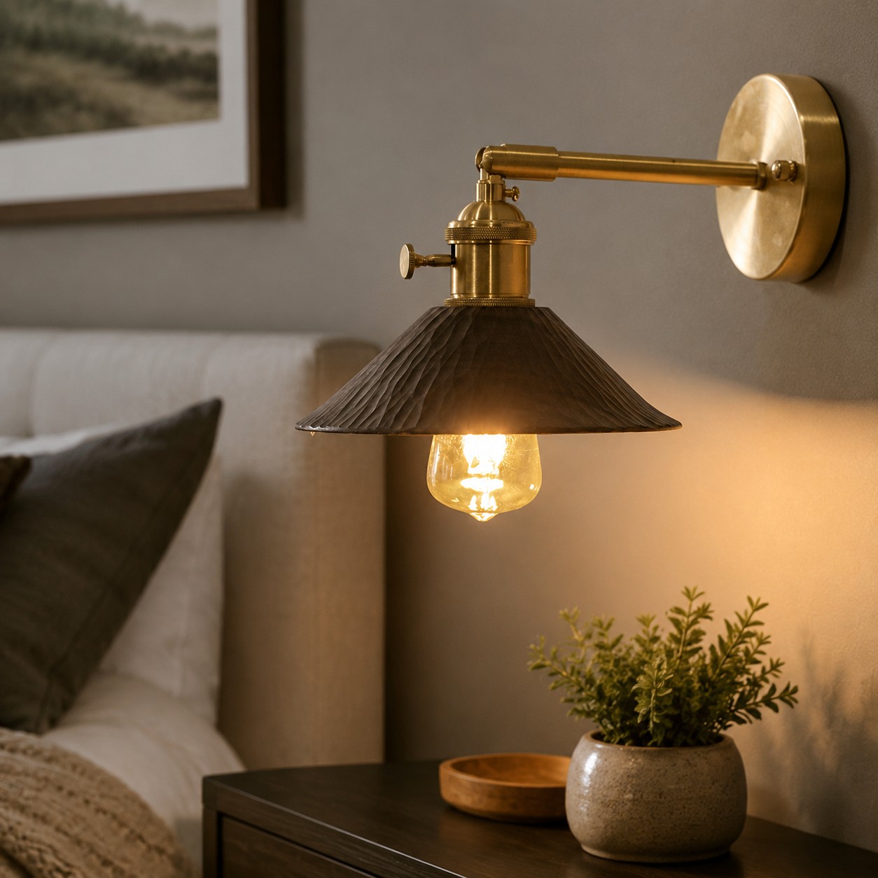 Hand-carved wall sconce beside a bed in a warm interior