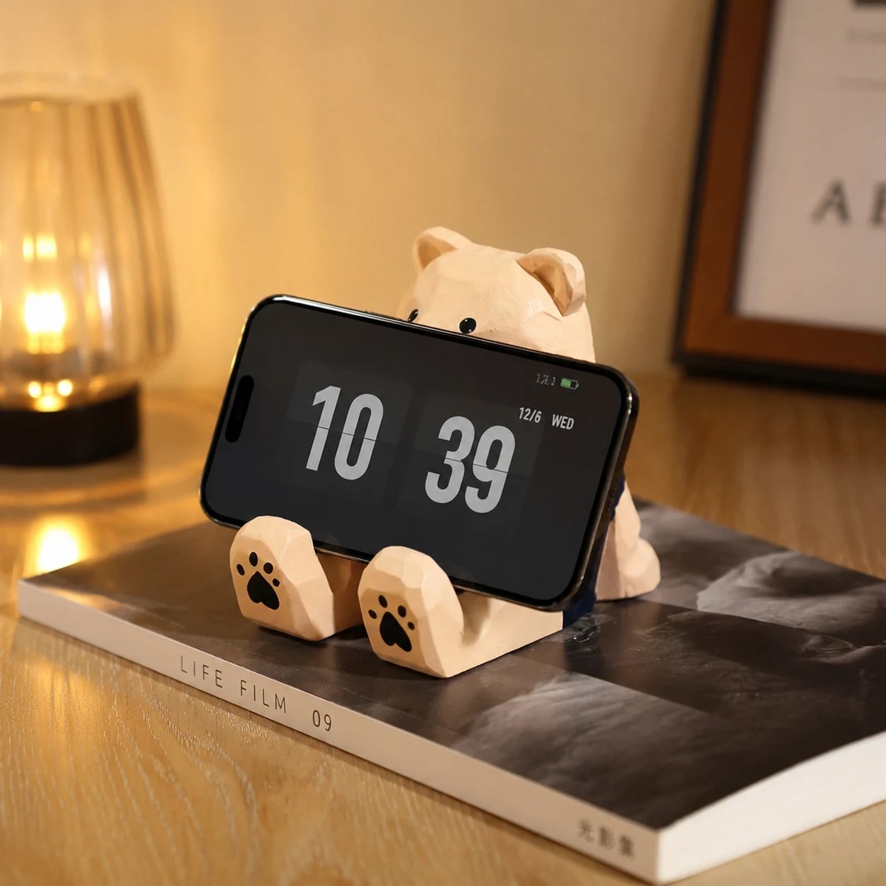 Wooden animal phone stand scene view