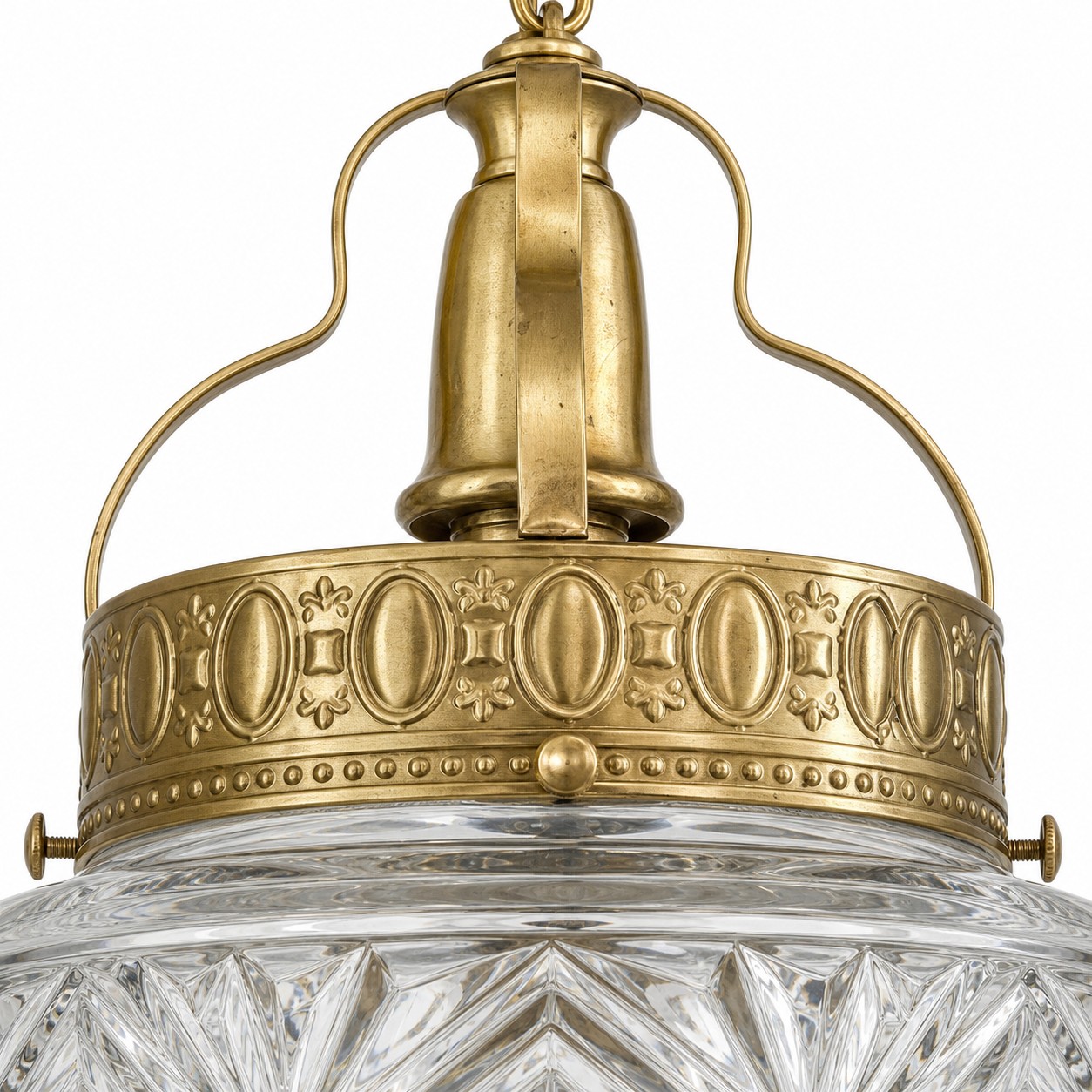 Brass suspension frame and clear glass pendant detail
