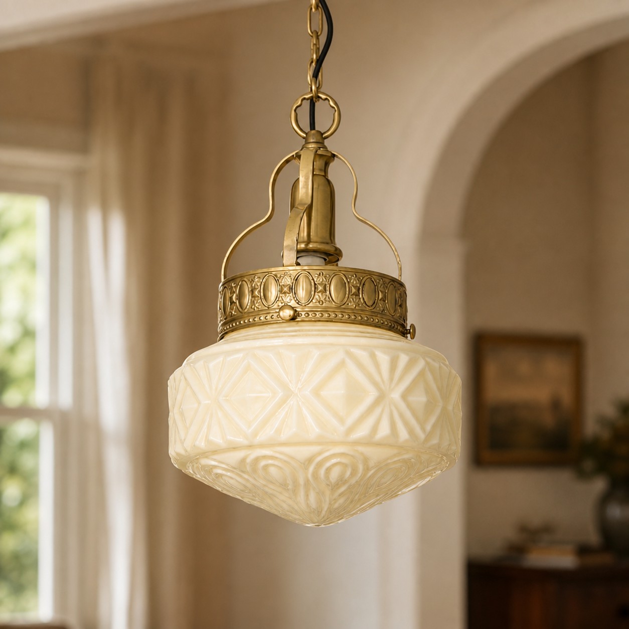 Beige glass pendant light in a warm classic interior