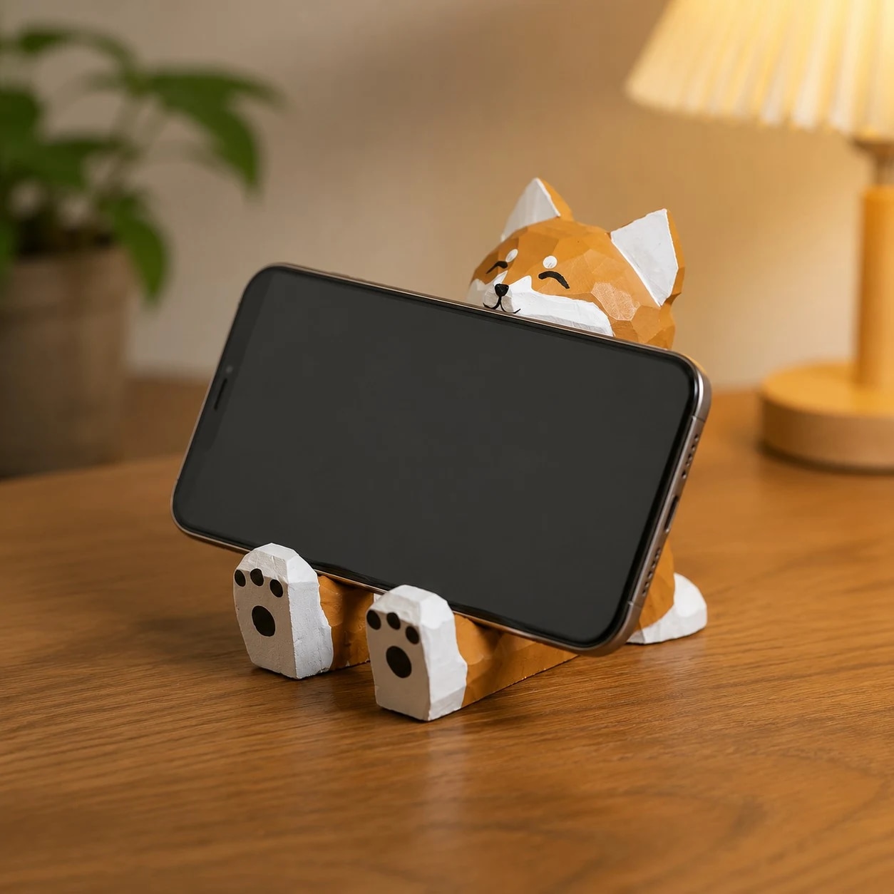 Wooden animal phone stand scene view