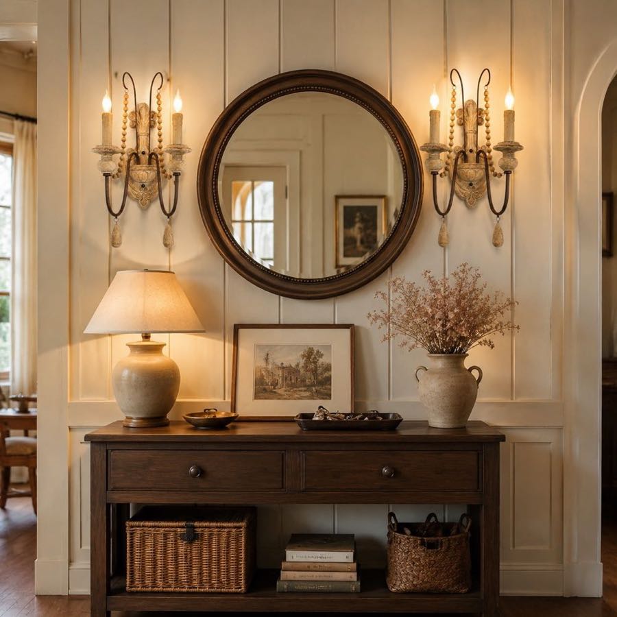 Two-light wall sconces framing a round mirror above an entry console