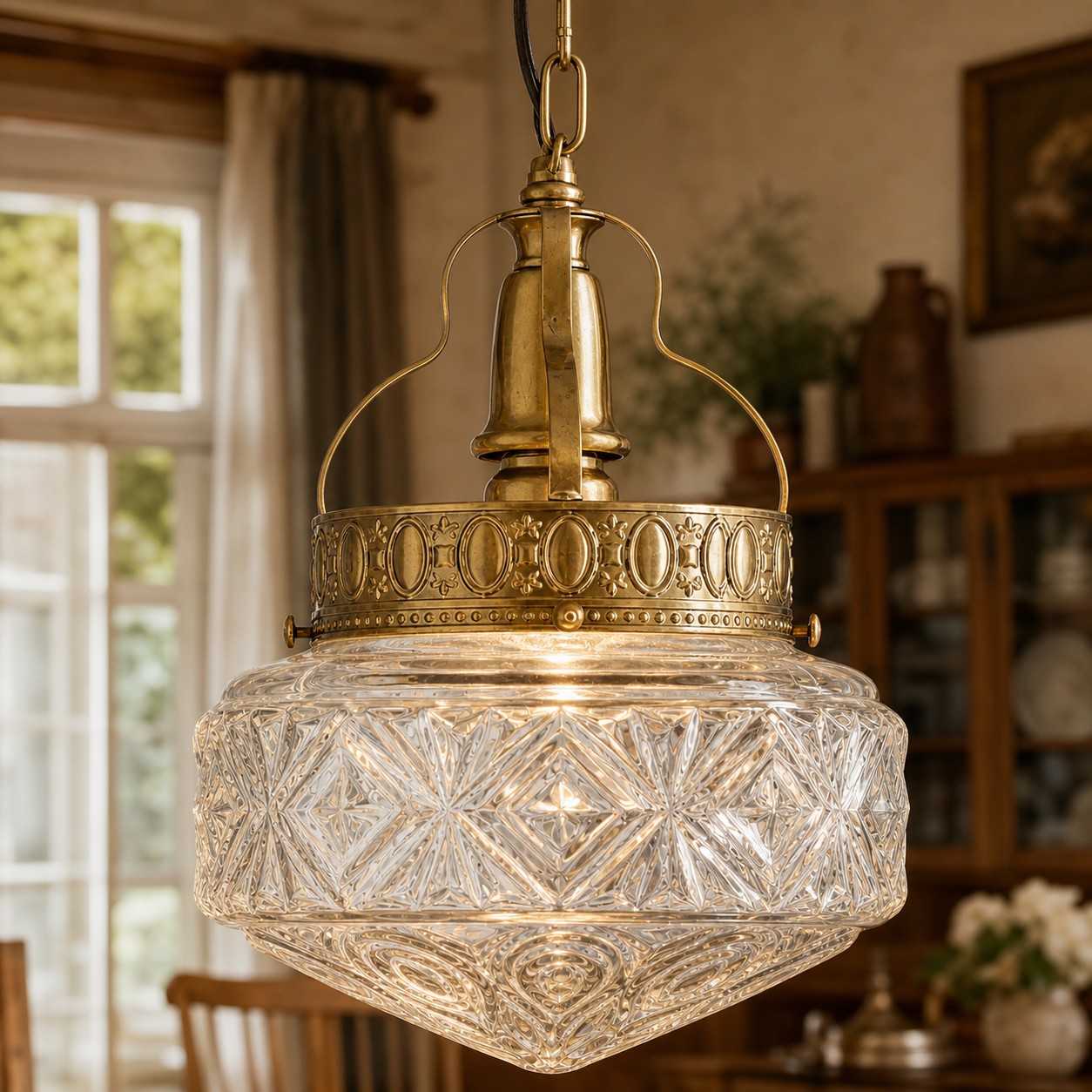 Clear glass pendant light glowing in a warm dining room