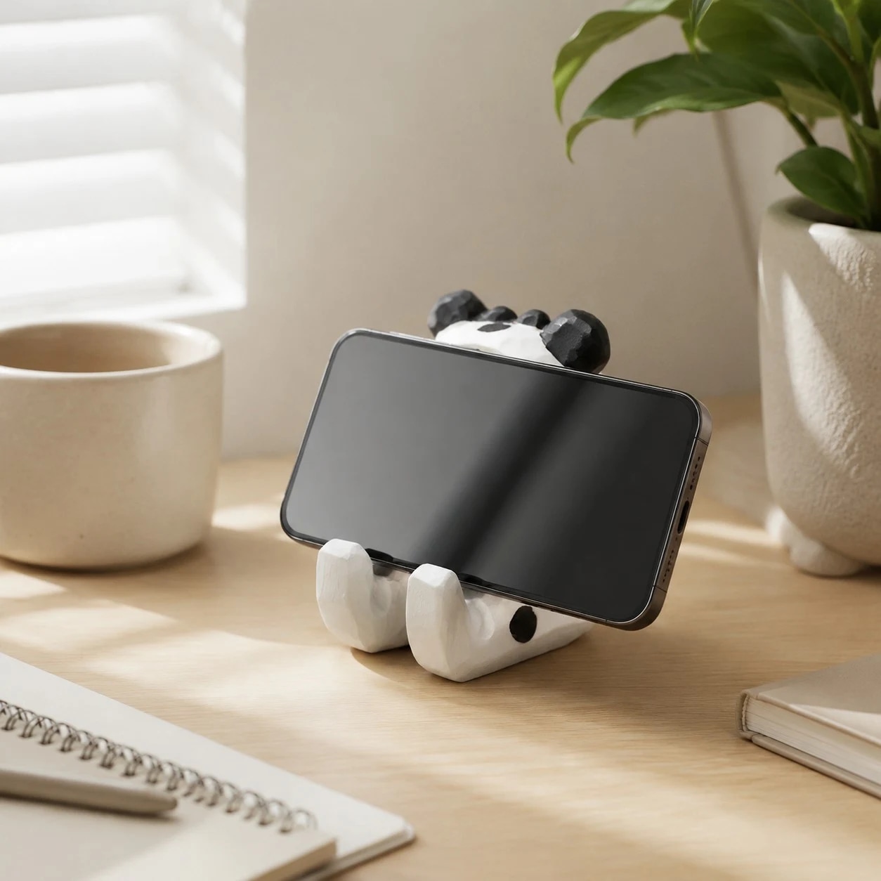 Wooden animal phone stand scene view