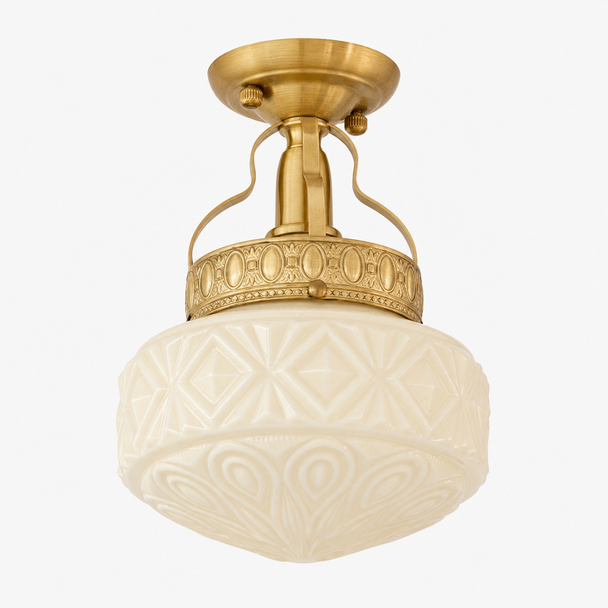 Beige embossed glass Art Deco ceiling light with brass finish