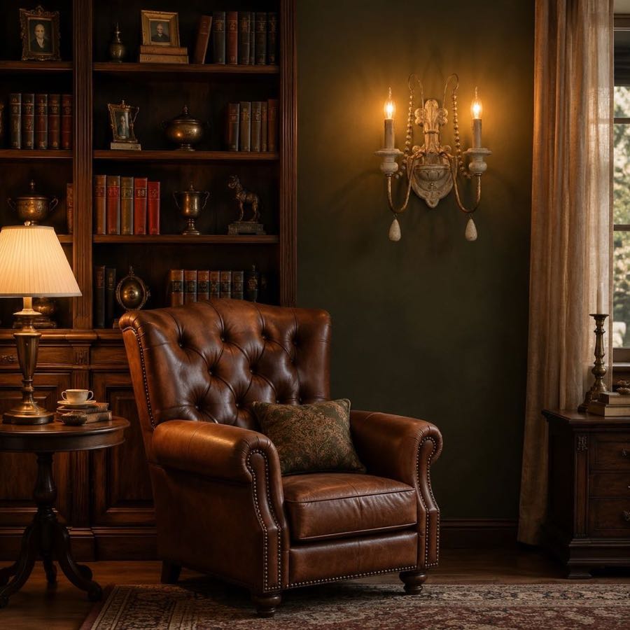 Two-light wall sconce installed beside a study wall with framed art
