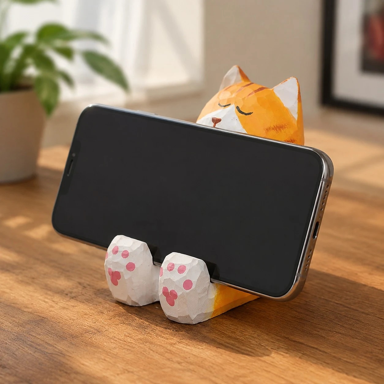Wooden animal phone stand scene view
