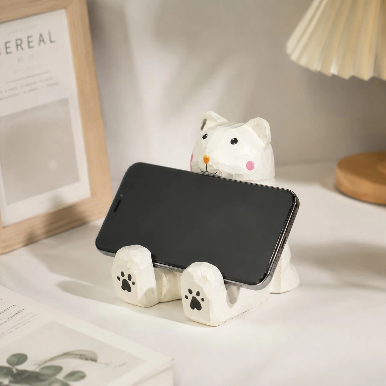 Wooden animal phone stand scene view