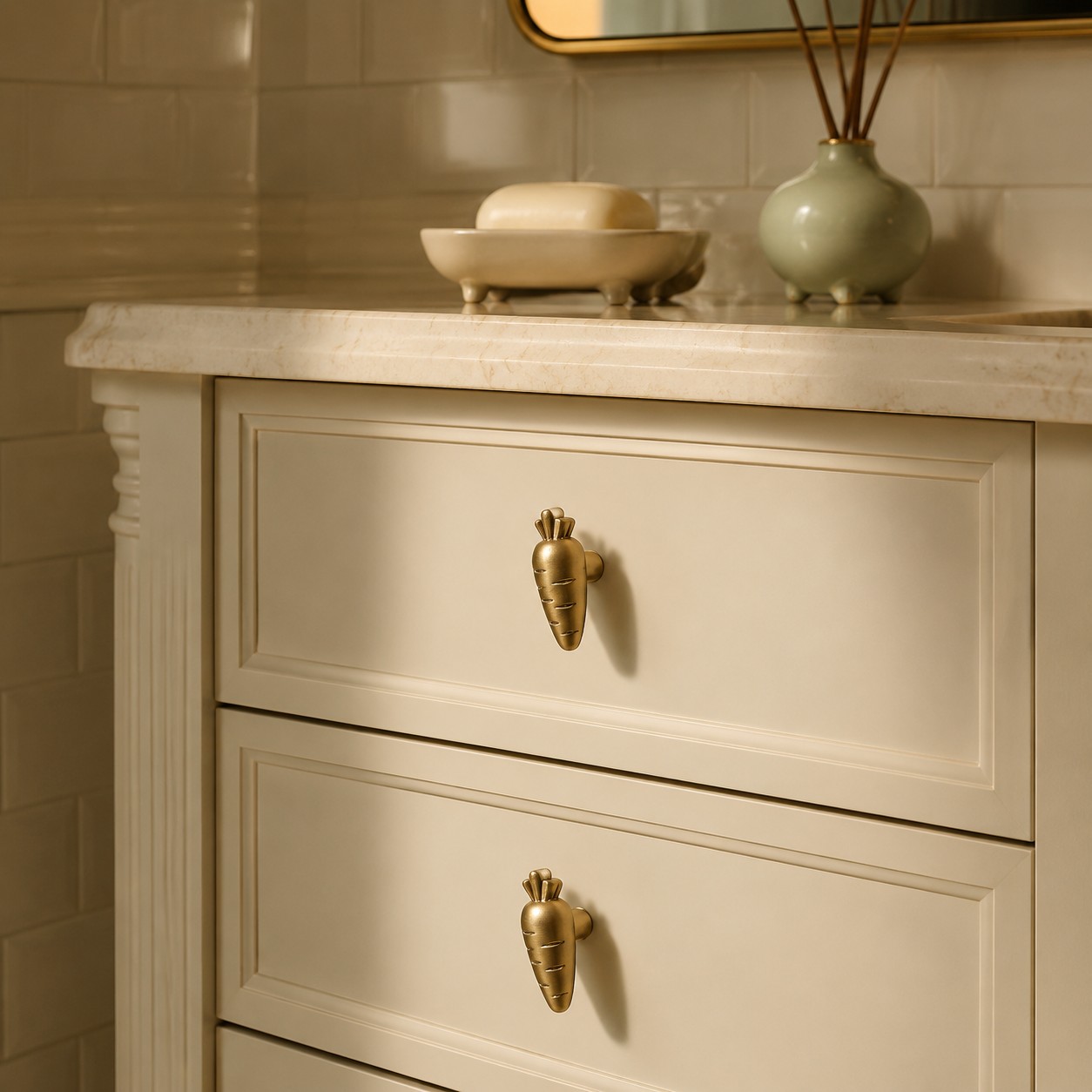 Brass rabbit and carrot cabinet knobs on a cream dresser