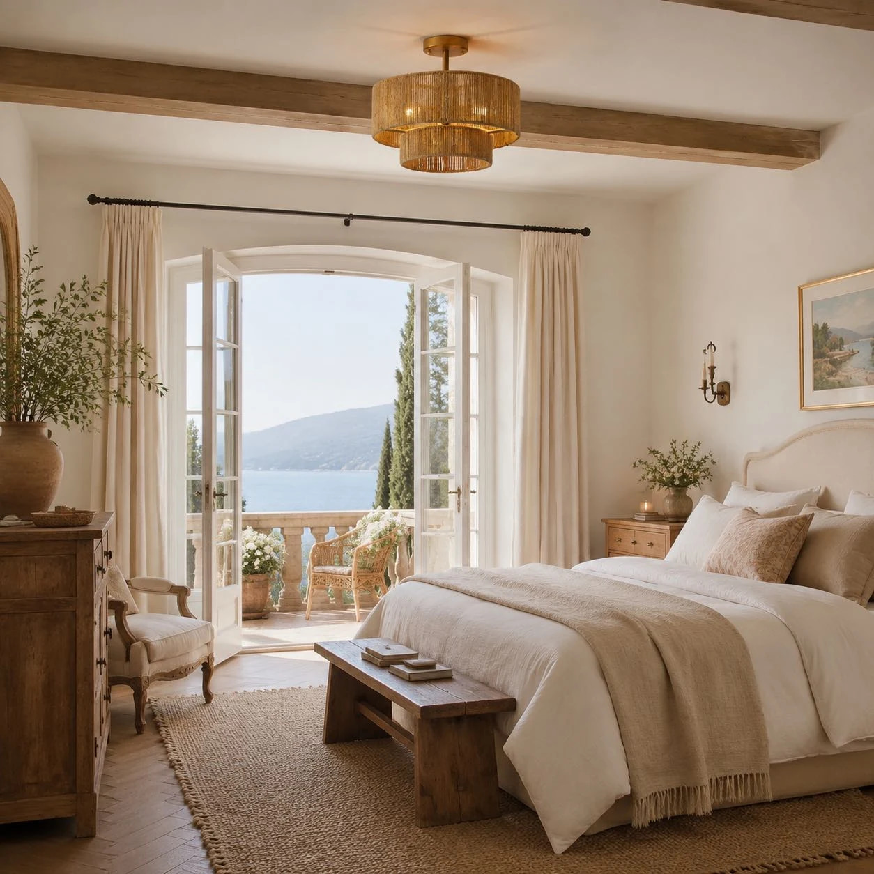 Rattan ceiling light in a bedroom