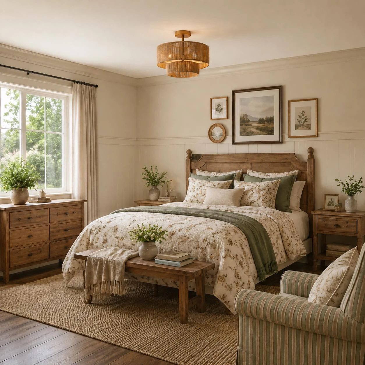 Rattan ceiling light in a classic bedroom