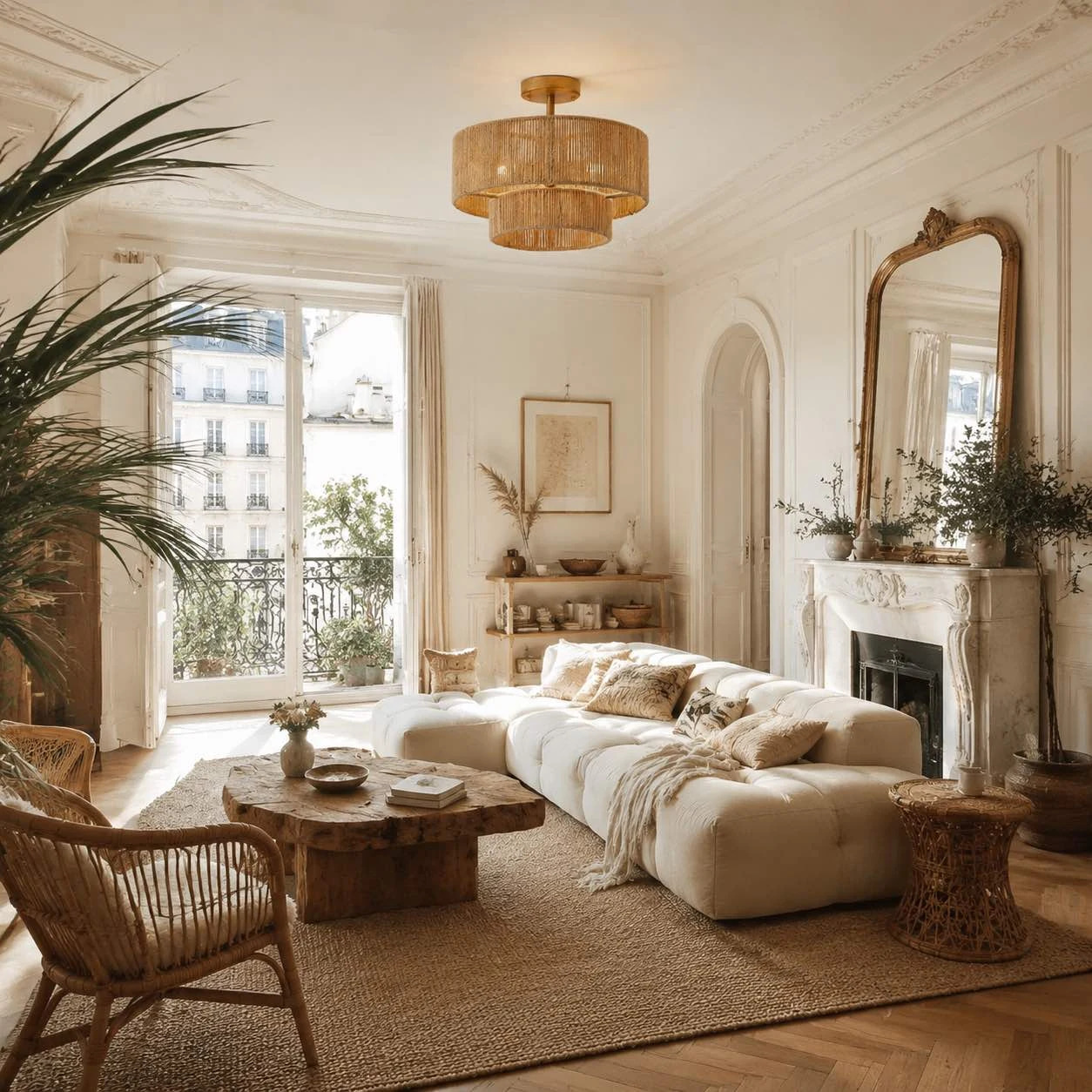Rattan ceiling light in a bright sitting room