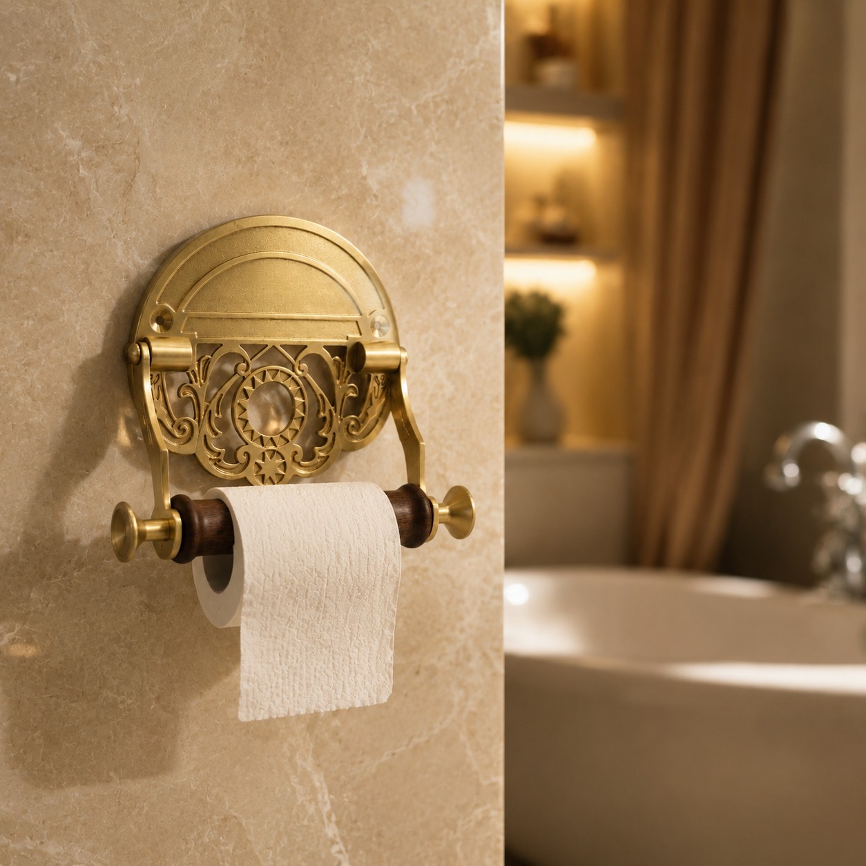 Installed antique brass toilet paper holder with roll
