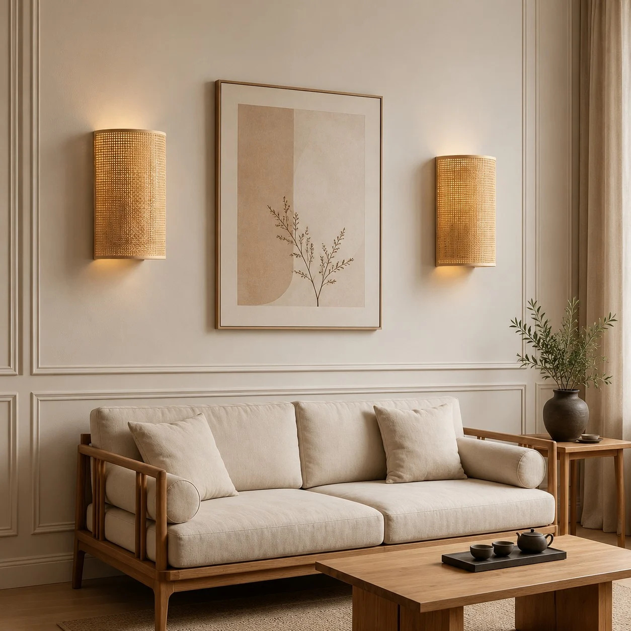 Japanese Rattan Wood Wall Sconce