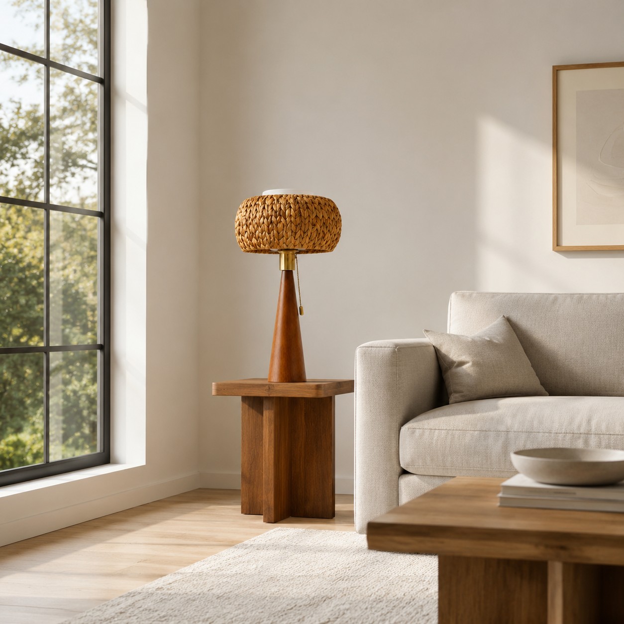 Wood and woven table lamp placed in a warm living space