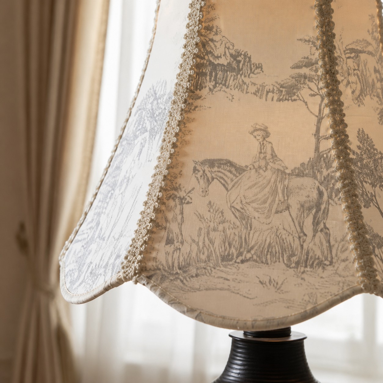Printed fabric shade detail in warm ambient setting