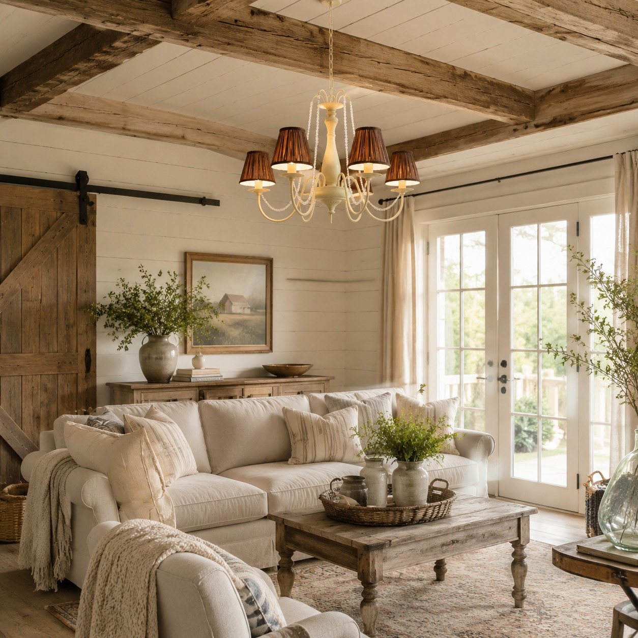 Five-light chandelier installed above a bright rustic living room