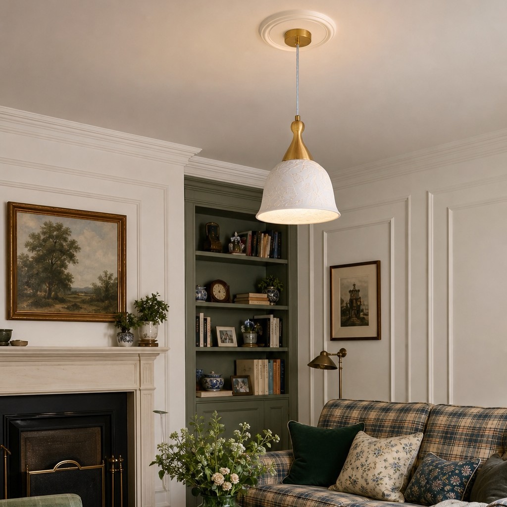 White pendant chandelier in a living room