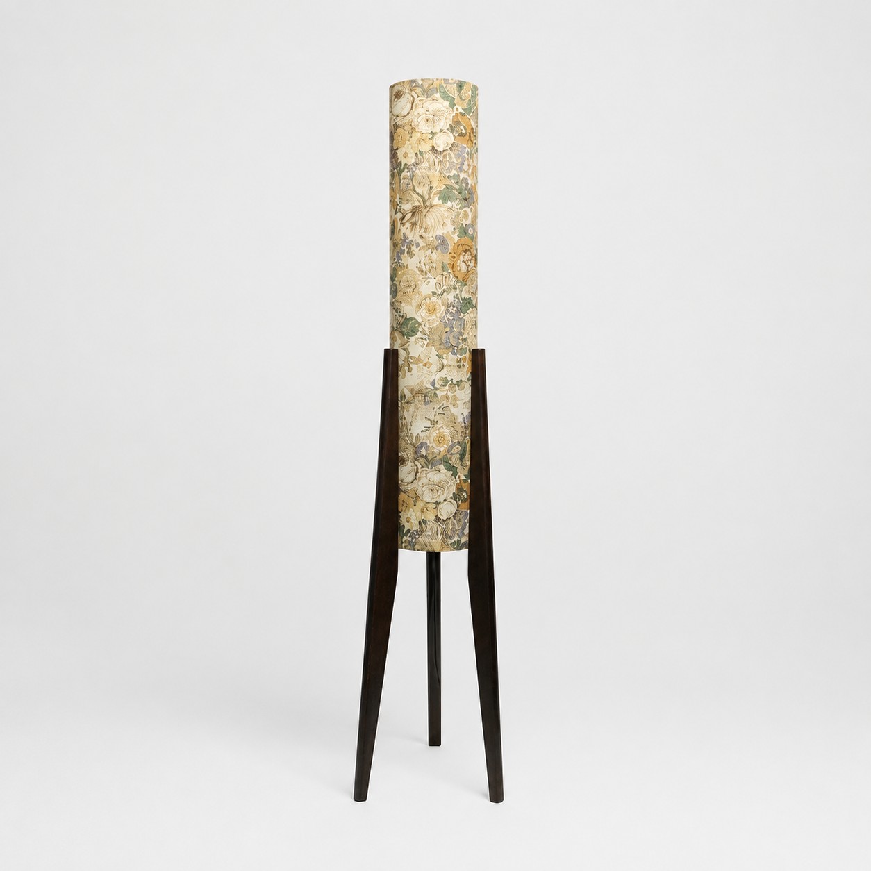 Vintage ivory floral Liberty fabric tripod floor lamp with dark wood frame