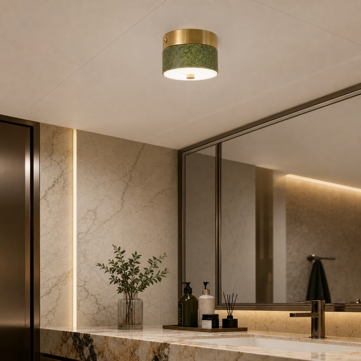 Green jade ceiling lamp near a vanity and bathroom ceiling
